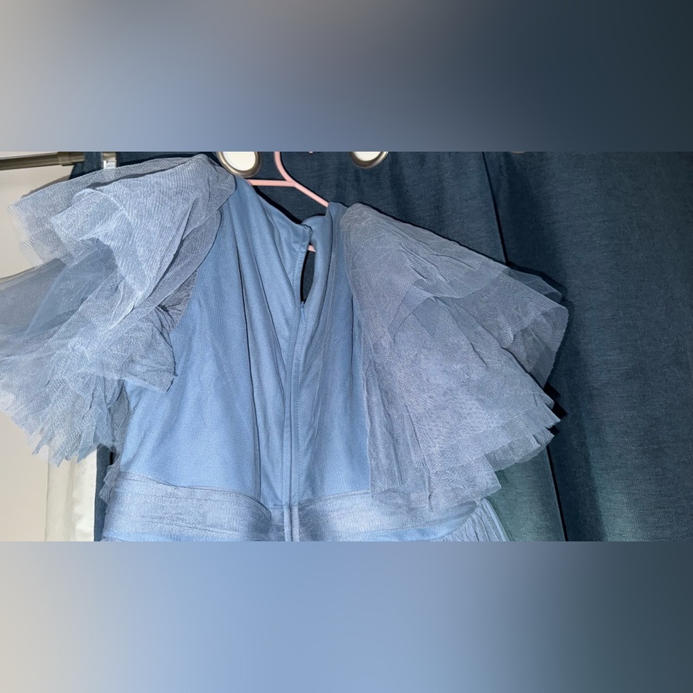 Faeriesty Fairy Dress – Elegant Blue Maternity V-Neck Midi Ruffle Sleeves & Slit - Picture 7 of 16